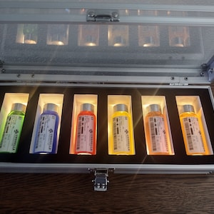 May include: A silver case with six clear glass bottles containing different colored liquids. Each bottle has a black and white label with the word "Umbrella" printed on it.