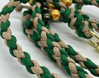 Gassileine Paracord Herbst Dunkelgrün Sand Gold Hundeleine geflochten