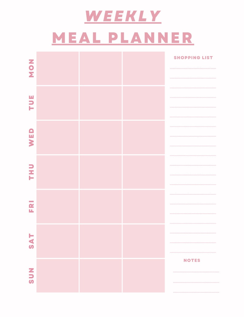 Simple Pink Weekly Meal Planner 8x10 Printable - Etsy