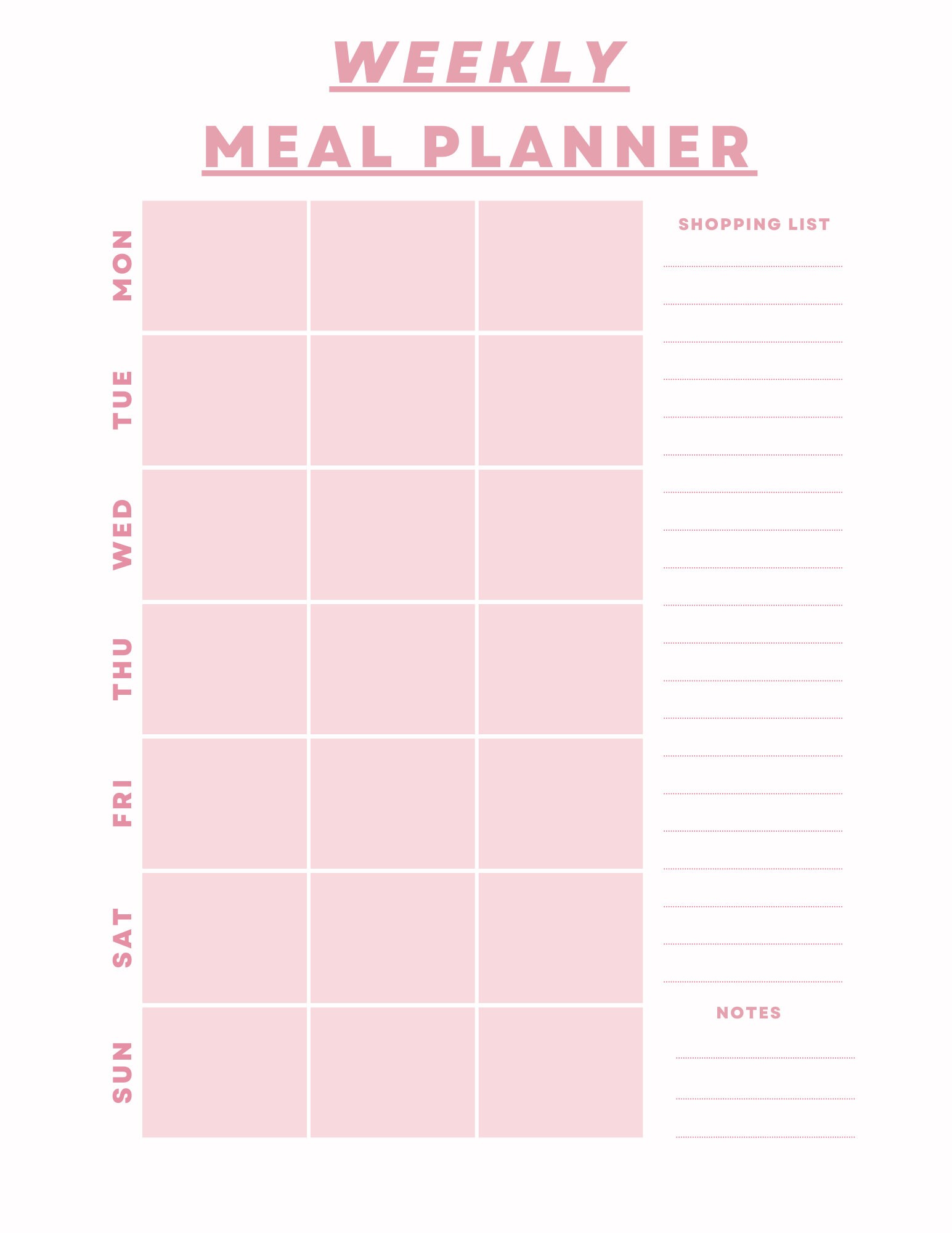 Simple Pink Weekly Meal Planner 8x10 Printable - Etsy