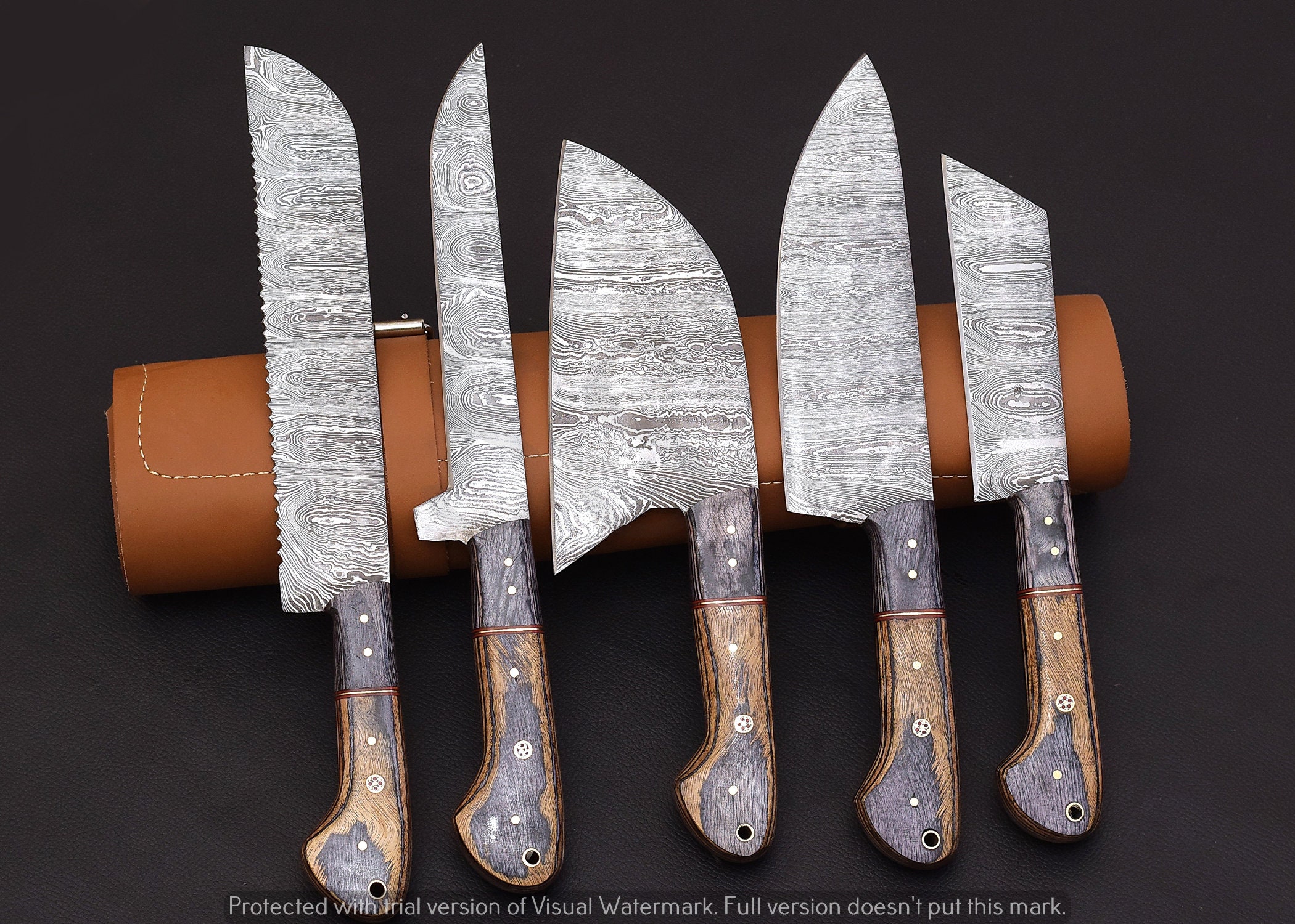 Custom Handmade Damascus steel chef/Kitchen knife set of 5 PCS with Le