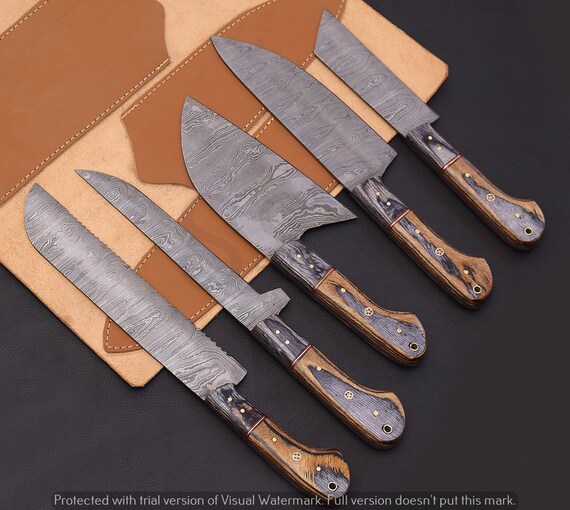 Custom Made Damascus Steel Fixed Blades Chef knives Set With Handmade  Leather Roll Kit - WKN Hunting Gears