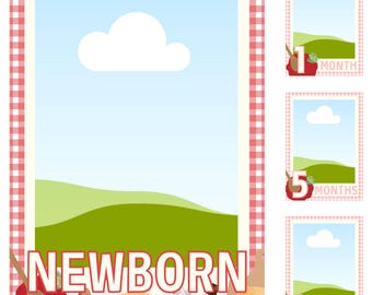 May include: A set of baby milestone photo frames. The frames are decorated with a red and white gingham pattern. The frames are labeled "Newborn" and "1-12 Months". The background of the frames features a blue sky, white clouds, and green hills.