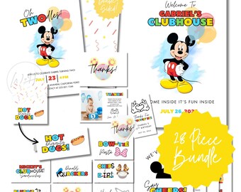 Paquete de 28 plantillas de invitación editables para fiesta de segundo cumpleaños con temática de Mickey Mouse, descarga instantánea.