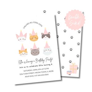 Puede incluir: Una invitaci&oacute;n de fiesta de cumplea&ntilde;os rosa y blanca con tem&aacute;tica de gatos. La invitaci&oacute;n presenta un gato de dibujos animados con un sombrero de fiesta y el texto "Calling all cool cats". La invitaci&oacute;n tambi&eacute;n incluye el texto "Elle is having a birthday party! Join us to celebrate Ellie turning 5. Saturday, April 8th at 12 pm. 1234 Tuna Street, Meow Town, IL 65236. RSVP Emily at XXX.XXX.XXXX".