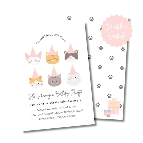 Cat / Kitty Birthday Pawty Theme Birthday Editable 5"x7" Party Invitation Template Instant Download