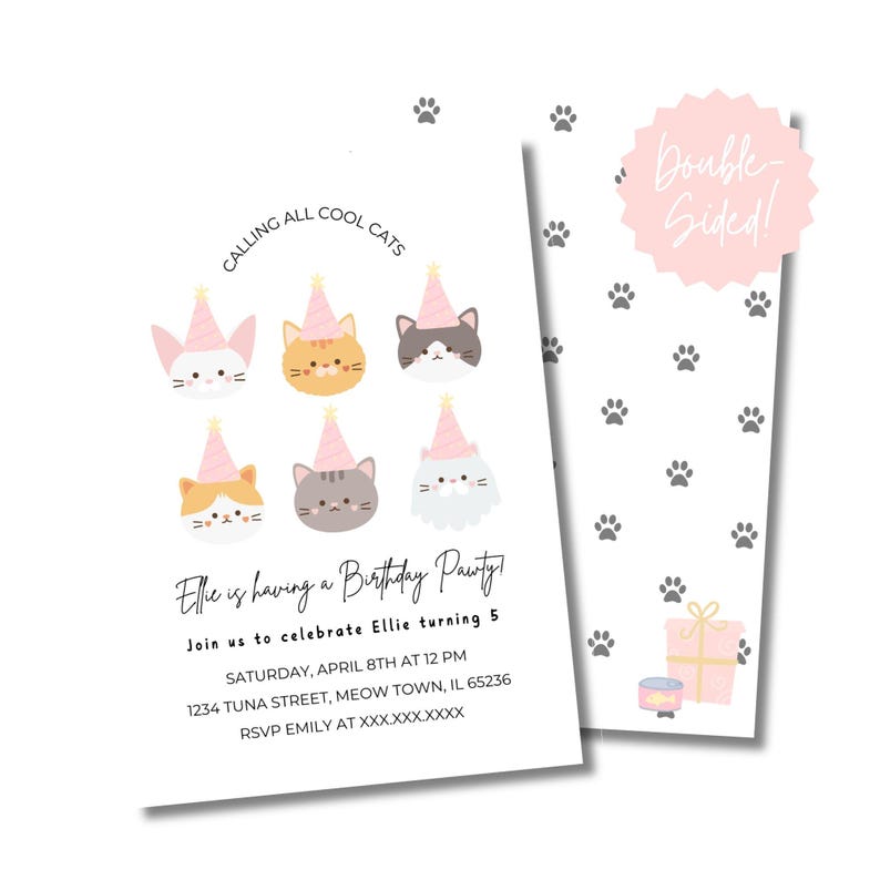 Puede incluir: Una invitaci&oacute;n de fiesta de cumplea&ntilde;os rosa y blanca con tem&aacute;tica de gatos. La invitaci&oacute;n presenta un gato de dibujos animados con un sombrero de fiesta y el texto "Calling all cool cats". La invitaci&oacute;n tambi&eacute;n incluye el texto "Elle is having a birthday party! Join us to celebrate Ellie turning 5. Saturday, April 8th at 12 pm. 1234 Tuna Street, Meow Town, IL 65236. RSVP Emily at XXX.XXX.XXXX".