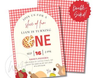 Plantilla de invitación para primer cumpleaños editable de 5 x 7 pulgadas con temática de pizza divertida Descarga instantánea