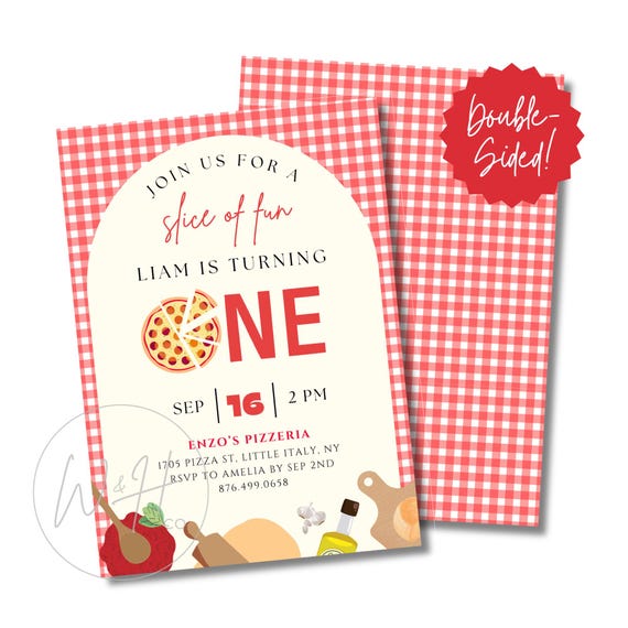 Slice of Fun Pizza Themed Editable 5"x7" First Birthday Invitation Template Instant Download