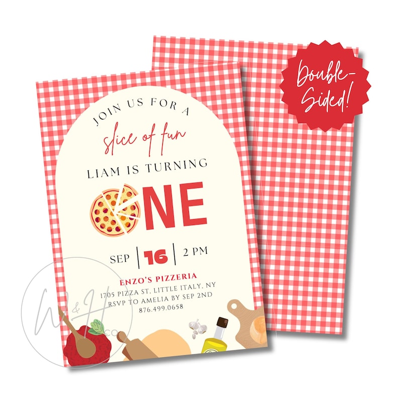 Slice of Fun Pizza Themed Editable 5"x7" First Birthday Invitation Template Instant Download image 1