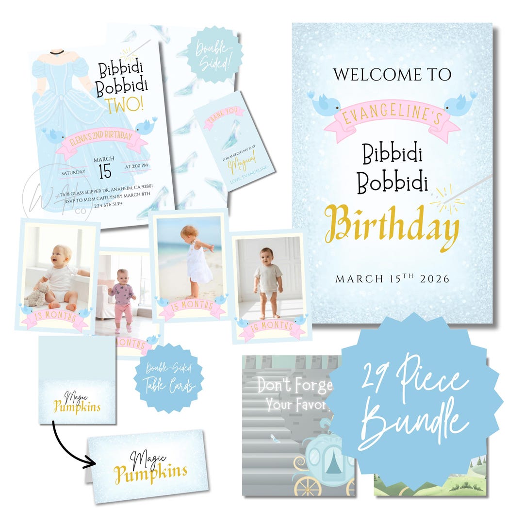 Bibbidi Bobbidi Two Themed 29 Piece 2nd Birthday Editable Party ...