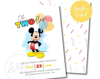 Plantilla de invitación para fiesta de cumpleaños editable de 5 x 7 pulgadas con temática de Mickey Mouse de Oh TWOdles Descarga instantánea