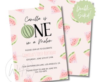 Plantilla de invitación para primer cumpleaños editable con tema de sandía One In a Melon de 5 x 7 pulgadas, descarga instantánea