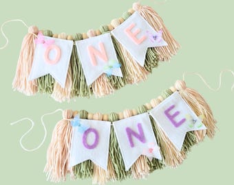 Fairy First Birthday Butterfly Garden Theme High Chair Banner Yarn Tassel Garland Party Smash Cake Photoshoot Decoration, Two Versions