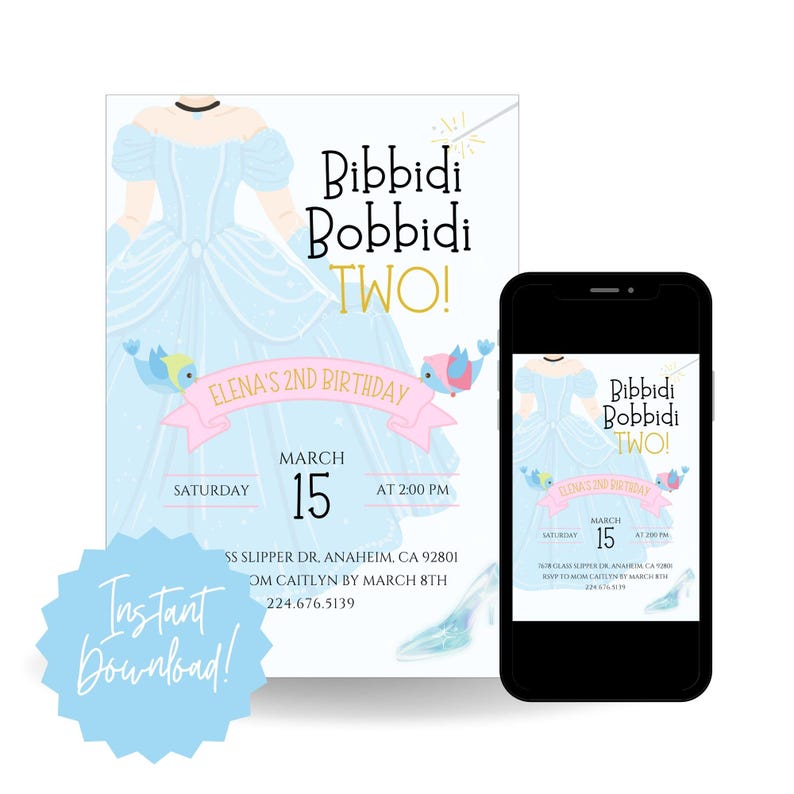 Bibbidi Bobbidi TWO Cinderella 2nd Birthday V2 Editable 5"x7" Party ...