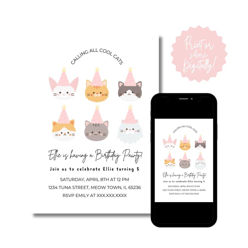 Puede incluir: Una invitaci&oacute;n de fiesta de cumplea&ntilde;os rosa y blanca con tem&aacute;tica de gatos. La invitaci&oacute;n presenta un gato de dibujos animados con un gorro de fiesta y el texto "Calling all cool cats". La invitaci&oacute;n tambi&eacute;n incluye el texto "Ellie is having a birthday party! Join us to celebrate Ellie turning 5. Saturday, April 8th at 12 pm. 1234 Tuna Street, Meow Town, IL 65236. RSVP Emily at XXX.XXX.XXXX".