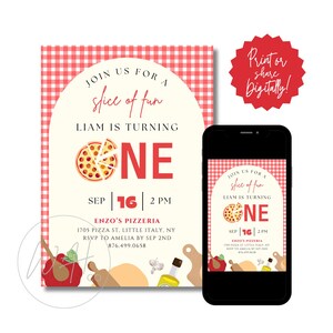 Slice of Fun Pizza Themed Editable 5"x7" First Birthday Invitation Template Instant Download image 2