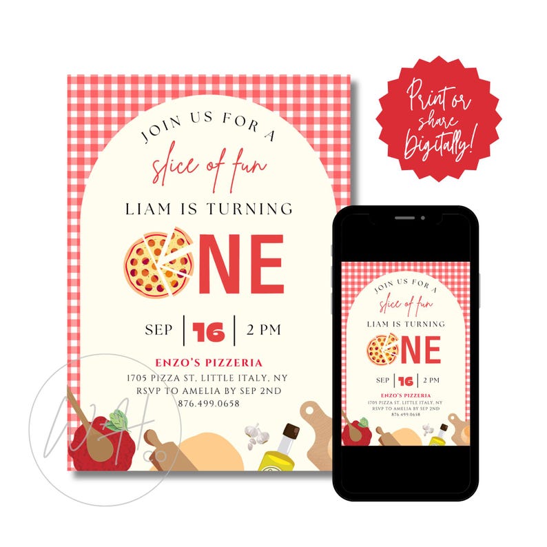 Slice of Fun Pizza Themed Editable 5"x7" First Birthday Invitation Template Instant Download image 2