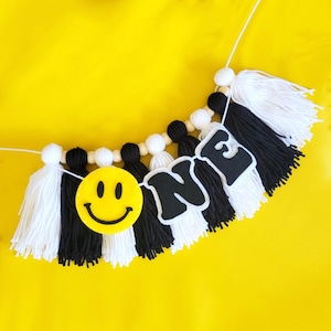 One Happy Dude High Chair Banner First Birthday Yarn Tassel Garland Party Smash Cake Photoshoot Decoration For Baby Boys, Black White Yellow
