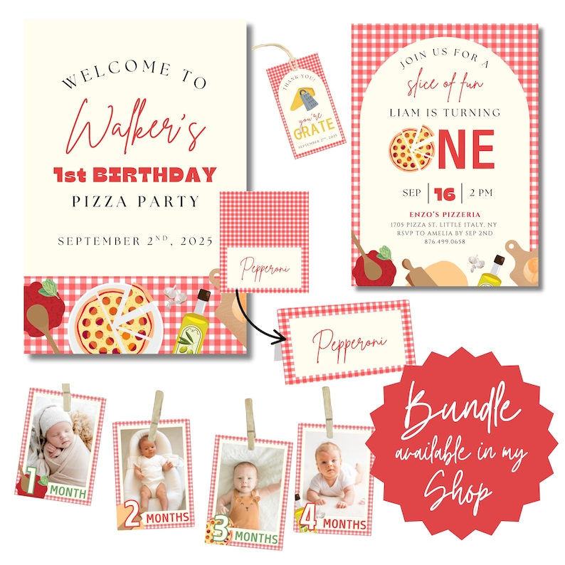 Slice of Fun Pizza Themed Editable 5"x7" First Birthday Invitation Template Instant Download image 3