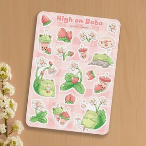 Feuille d'autocollants Bubble Tea aux fraises | Stickers grenouilles kawaii pour journal, scrapbooking, bouteilles d'eau et ordinateurs portables, étiquettes fruité Boba