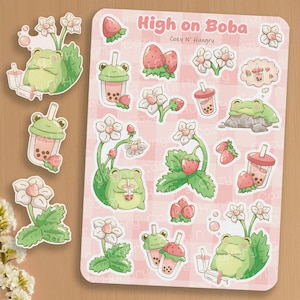 Strawberry Bubble Tea Sticker Sheet: Kawaii Frog Decals for Journaling and Planning