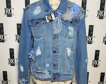 Custom Embroidered Denim Jacket with Flower Appliques for Women size Medium