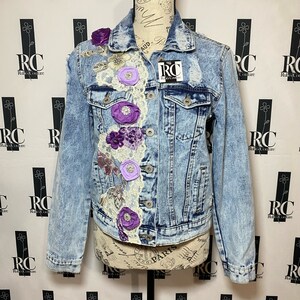Custom Embroidered Denim Jacket with Flower Appliques for Women size Medium