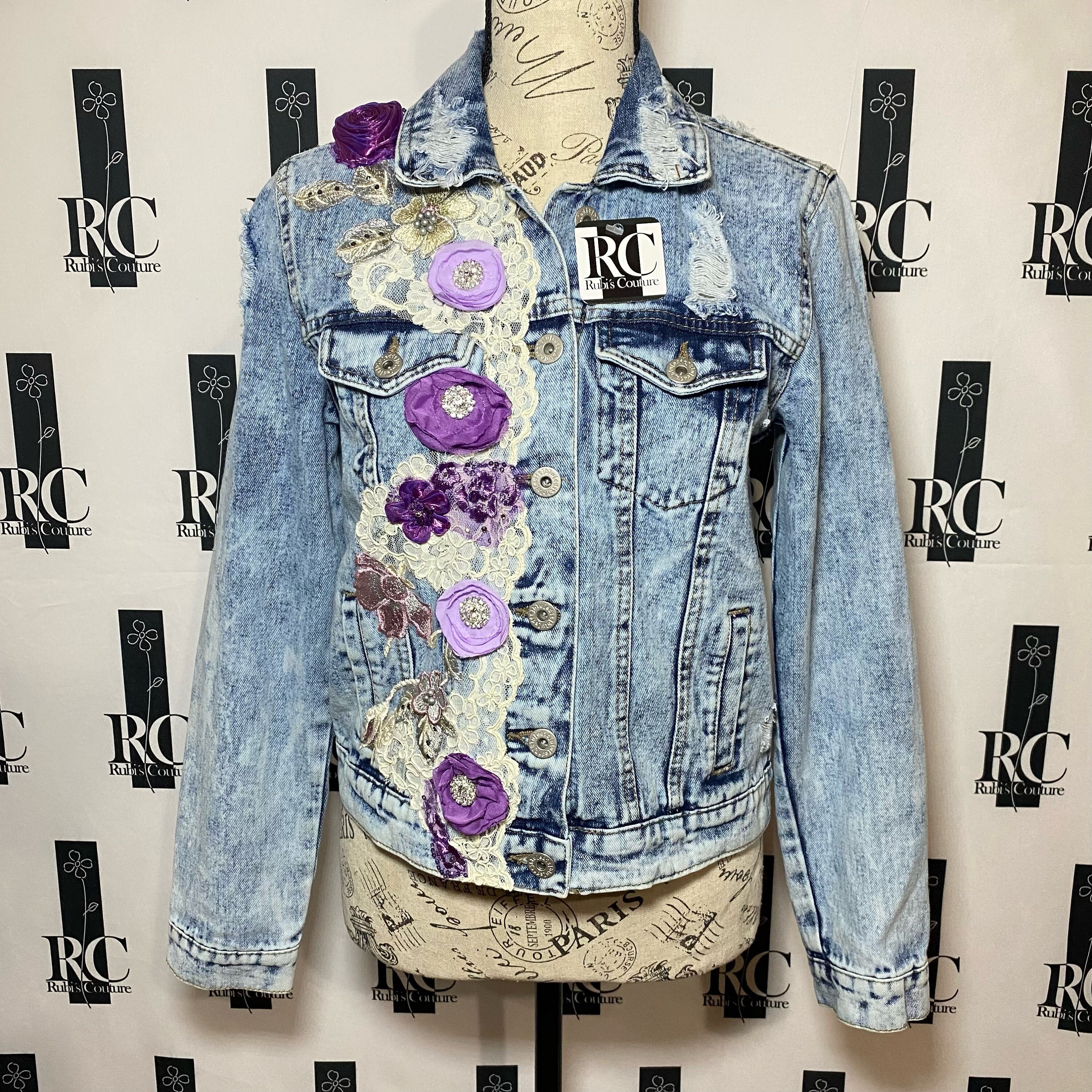 Custom Embroidered Denim Jacket with Flower Appliques for Women size Medium