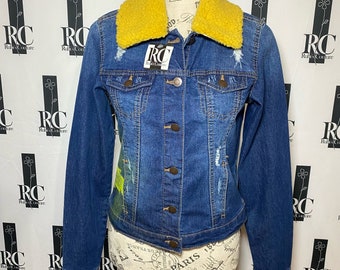 Custom Hand Painted Sunflower Denim Jacket for Women in size Small