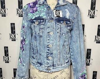 Custom Embroidered Denim Blue Jacket with Purple and Blue Desings for Women Size Small