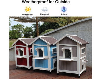 PET HOUSE-Double Deck Outdoor Wood Cat House Shelter Weather Resistant Outdoor Cat Shelter with Escape Door Rainproof