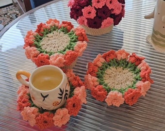 Posavasos de flores a crochet con patrón de maceta