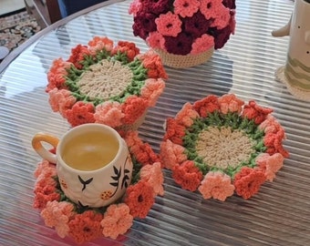 Crochet flower coasters with pot pattern