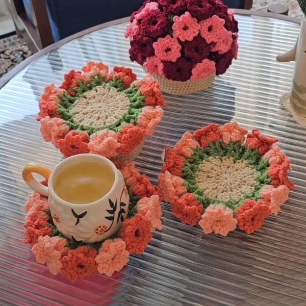 Posavasos de flores a crochet con patrón de maceta