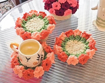 Posavasos de flores a crochet con patrón de maceta