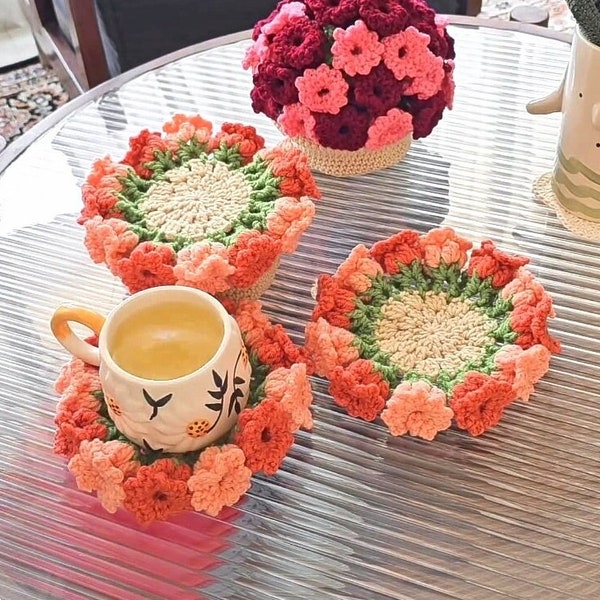 Crochet flower coasters with pot pattern