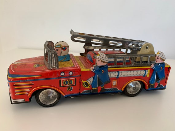 Rare Vintage Tin Lithograph F.D. Fire Engine Friction Toy- Made in