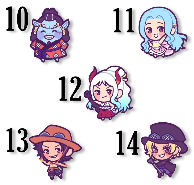 May include: A collection of five cartoon character stickers. Each sticker features a different character with unique outfits and expressions. The characters are numbered 10, 11, 12, 13, and 14. The stickers are colorful and have a cartoon style.