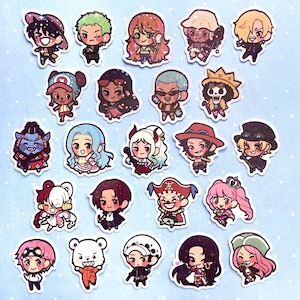 May include: A collection of colorful, glittery stickers featuring various anime characters. Each sticker showcases a different character in a chibi style, with detailed outfits and expressions. The stickers are arranged on a light blue background.