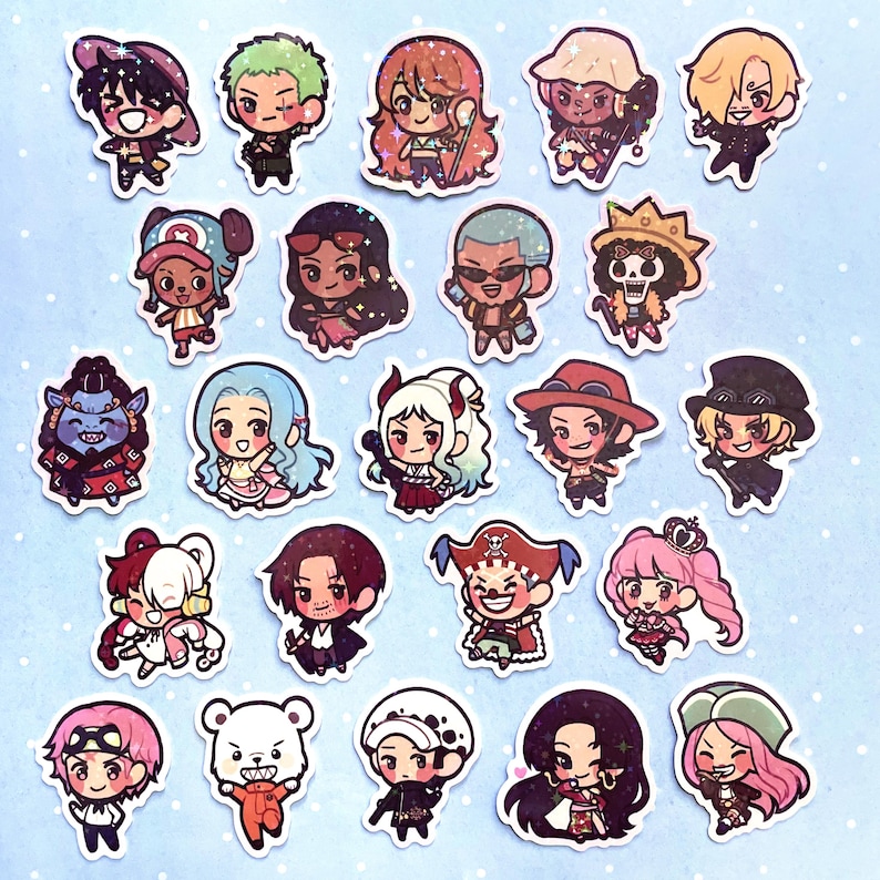 May include: A collection of colorful, glittery stickers featuring various anime characters. Each sticker showcases a different character in a chibi style, with detailed outfits and expressions. The stickers are arranged on a light blue background.