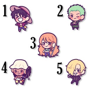 May include: Five chibi-style character stickers from the anime series One Piece. Each sticker features a different character with unique outfits and expressions. The characters are numbered 1 through 5.