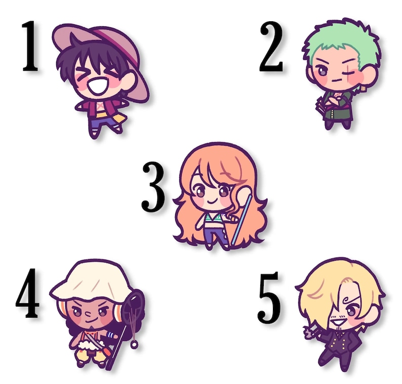 May include: Five chibi-style character stickers from the anime series One Piece. Each sticker features a different character with unique outfits and expressions. The characters are numbered 1 through 5.