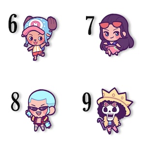 May include: Four cartoon character stickers. The characters are from a Japanese anime series. The characters are numbered 6, 7, 8, and 9. The characters are in a chibi style with large eyes and simplified features. The stickers are on a white background.