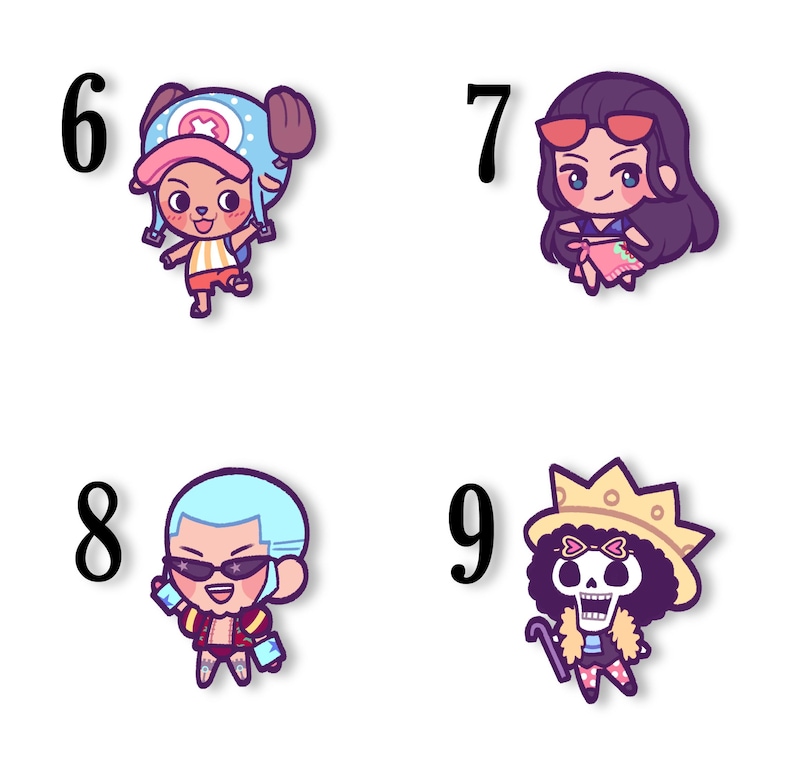 May include: Four cartoon character stickers. The characters are from a Japanese anime series. The characters are numbered 6, 7, 8, and 9. The characters are in a chibi style with large eyes and simplified features. The stickers are on a white background.