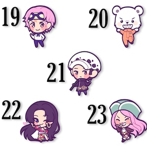 May include: A collection of five cartoon character stickers. Each sticker features a different character with unique outfits and expressions. Numbers 19, 20, 21, 22, and 23 are printed next to each character.