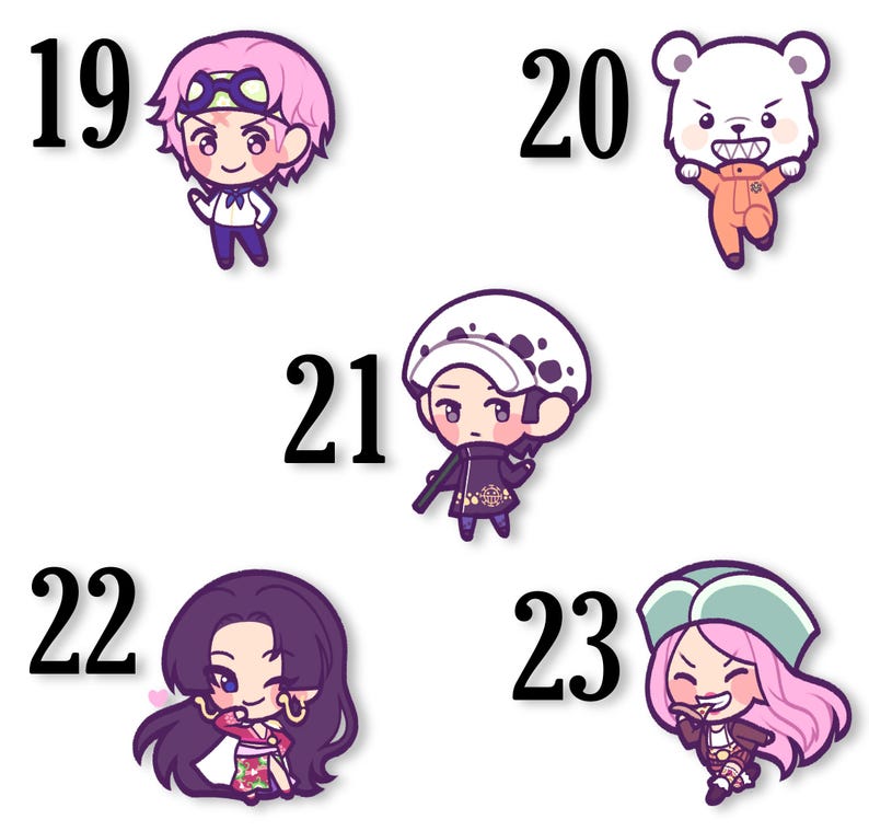 May include: A collection of five cartoon character stickers. Each sticker features a different character with unique outfits and expressions. Numbers 19, 20, 21, 22, and 23 are printed next to each character.