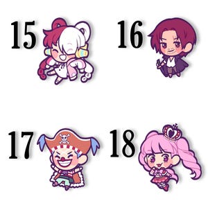 May include: Four cartoon character stickers. The stickers are numbered 15, 16, 17, and 18. The characters have various hair colors and outfits. The characters are in a chibi style with large eyes and small bodies. The background is white.