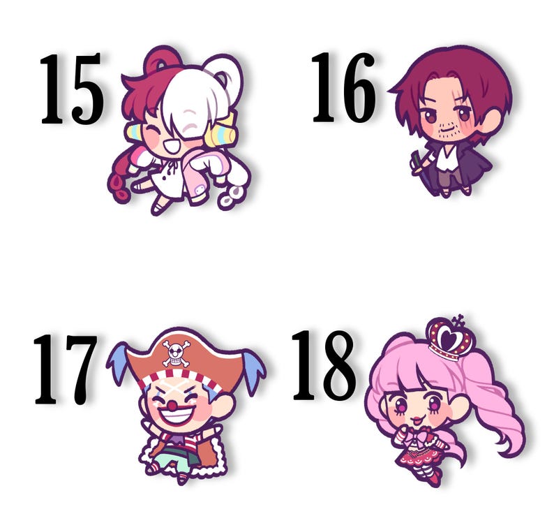 May include: Four cartoon character stickers. The stickers are numbered 15, 16, 17, and 18. The characters have various hair colors and outfits. The characters are in a chibi style with large eyes and small bodies. The background is white.