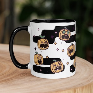 Pumpkin Pals Mug - Cute Halloween Fall Gift, Boo Spooky Season, Pumpkin Spice Festive Coffee Cup, Fun Illustration, Orange, Black, Autumn